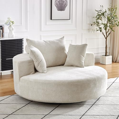 KEIKI 55 Oversized Swivel Accent Chair, Large Barrel Chairs Upholstered Round Swivel Chair, Chenille Single Sofa Armchair, Sleeper Chair for Living Room, Lounge, Beige