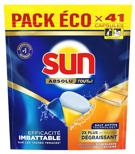 Sun - Pastilles Lave-Vaisselle - Tout en 1 Absolu dégraissent - Efficacité Imbattable sur les Tâches Tenaces - 41 Lavages
