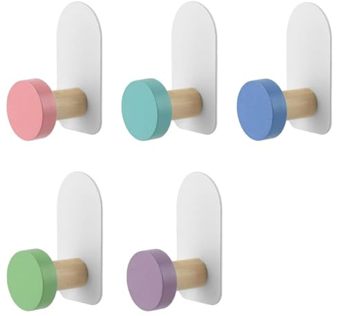 Bufunto Coat Hooks for Kids, 5Pcs Colorful Wooden CoatHook, Self-Adhesive Wooden Hooks Wall Hook, CoatHook, Door Hook Wall Mounted for Backpacks,Towels,Coats and Hats
