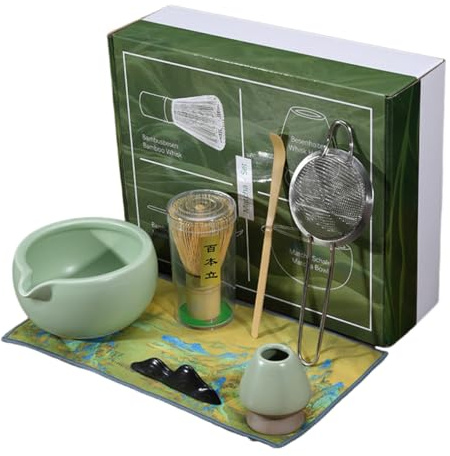 Set de tés Matcha japonés 7 piezas batidor que incluye taza bambú para Chasen Cuchara Chashaku Soporte Cernidor té acero inoxidable Kit elaboración Toalla