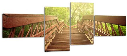 wandmotiv24 Leinwandbild Waldtreppe LW311 Wandbild, Bild auf Leinwand, 4 Teile, 200x90cm, Kunstdruck Canvas, XXL Bilder, Keilrahmenbild, fertig aufgespannt, Bild, Holzrahmen, Baum, Wald, Holz,