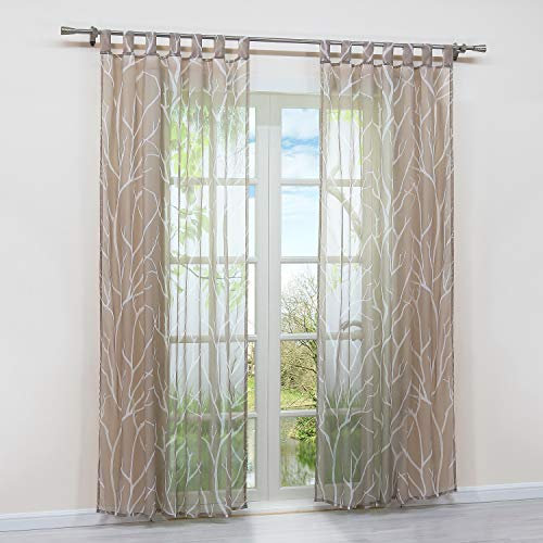 HongYa 1 Stück Schlaufenschal Transparente Gardine Schal Voile Vorhang mit Schlaufen Äste Muster H/B 225/140 cm Sand
