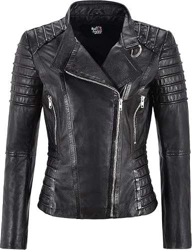 Women's Real Lambskin Leather Biker Jacket Cross-Zip Quilted Panels | Soft lambskin Napa leather biker jacket cross-zip front, lapel collar, quilted panel detailing, 3 zipped outer pockets