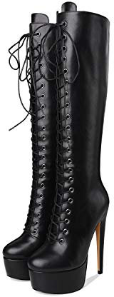 Only maker Damen Kniehoch Stiefel Plateau Hohe Schnürstiefel mit Stiletto Absatz Lederimitat Schwarz 40 EU
