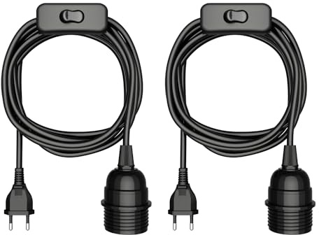 ledscom.de 2x Kabel LEKA, Stecker, Schalter, schwarz glänzend, 3 m, Lampen-Fassung, 1x E27 max. 60W