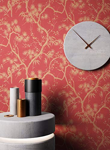 NEWROOM Tapete Rot Vliestapete Glänzend - Blumentapete Floral Gold Blumen Bäume Blätter Tropisch Papagei inkl. Tapezier-Ratgeber