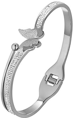 Flongo Damenarmband Edelstahlarmband Damen Armband Frauen Armreif BFF Ketten mit gefassten Strass Schmetterling Gold Golden Silber Elegant für Frauen