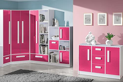 Marmex Kinderzimmer Set Guliver 4, im Set: Eckkleiderschrank 02, Bücherregal03, Schmales geschlossenes Bücherregal 04, Große Kommode 06, Kommode mit Regalen 07