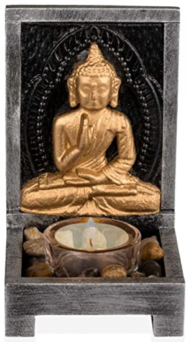 Deko Holz Set ''Golden Buddha'' mit Glas-Teelichthalter und Dekosteinen -15x9x9cm - Wellness Altar Schrein Meditation