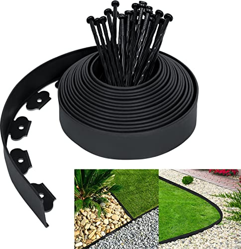 YRHome Bordure de pelouse flexible en plastique 20 m avec 60 piquets d'ancrage - Bordure de parterre - Bordure de pelouse - Bordure de parterre - Bordure de tonte - Pavés - Palisade - Noir