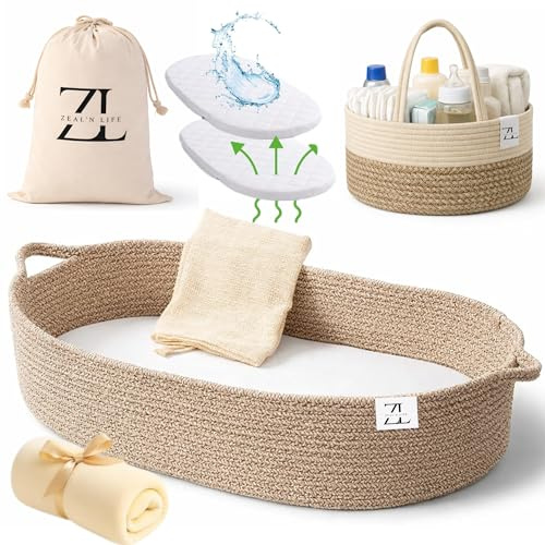 ZEAL'N LIFE 5-in-1 Baby Changing Basket with Blanket, Diaper Basket, Waterproof Changing Mat & Tote Bag, Moses Basket for Newborn, Changing Pad for Dresser, Baby Changing Mat, Portable Changing Pad