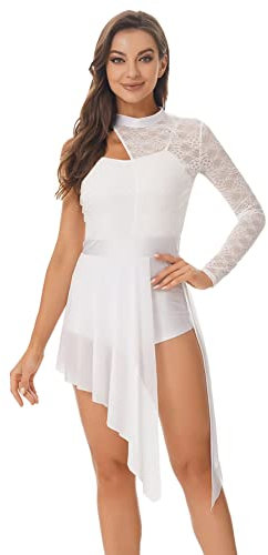 CHICTRY Damen Spitze Ballettkleid EIN Schulter Tanzkleid Lyrisch Blumenmuster Ballett Body Patchwork Trikot Mit Asymetrisch Rock Dancewear Weiß L