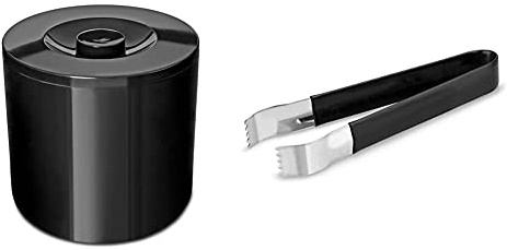 drinkstuff Round Insulated Ice Bucket, Black, 4Ltr & Pom Tongs Black 6inch - 6 Vinyl Coated Tongs for Cocktail Garnishes, Ice, Buffet and Deli Service
