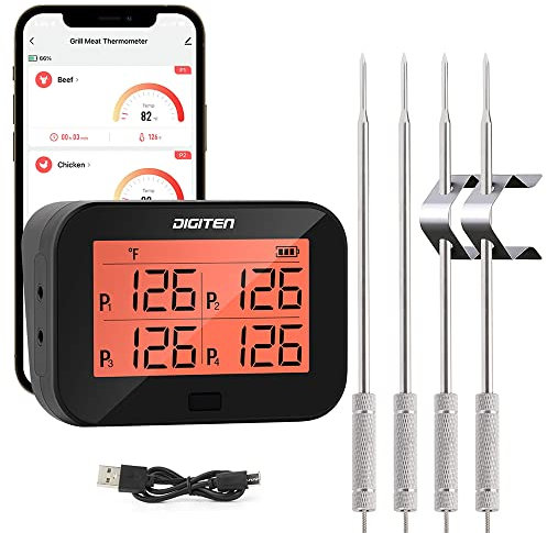 Digitales Bluetooth BBQ Grill Fleischthermometer mit 4 Sonden, sofort ablesbares Fleischthermometer zum Grillen, Temperaturalarmfunktion