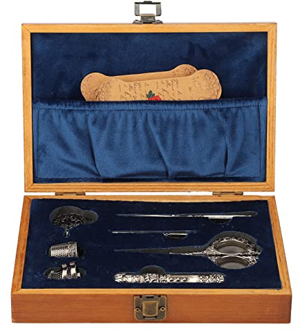 Ayayu Stickscheren Set, 7 teiliges Nähscheren Set Im Europäischen Vintage Stil mit 2 Fingerhüten, Fadenschneider, Aufbewahrungskoffer, Komplettes Nähset für die Heimschneiderei (Silber)