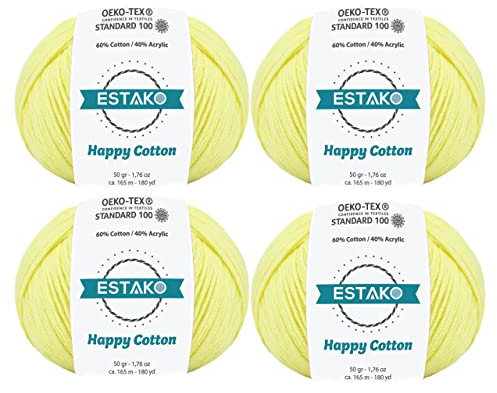Estako Happy Cotton, (4 Skeins Pack) 60% Cotton 40% Acrylic Yarn, Soft, Fine/Sport (2) for Crochet and Knitting (4 x 1.76 Oz) / (4 x 180 Yrds) (4840 - Lemon)
