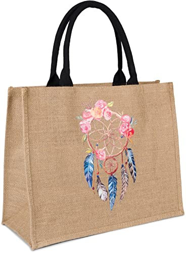 styleBREAKER Leinen Henkeltasche mit Traumfänger Print im Boho Style | Damen Shopper mit Reißverschluss | Sommer Strandtasche 41 x 33 x 17 cm, Farbe:Braun