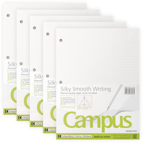 Kokuyo Campus Loose Leaf Paper for 3 Ring Binders, 11” x 8-1/4” Smooth Writing Lined Paper, 500 Sheets, 70 GSM, College Ruled, Bleeding-Resistance, School Suppliers, Made in Japan (WSG-NO-887G1x5)