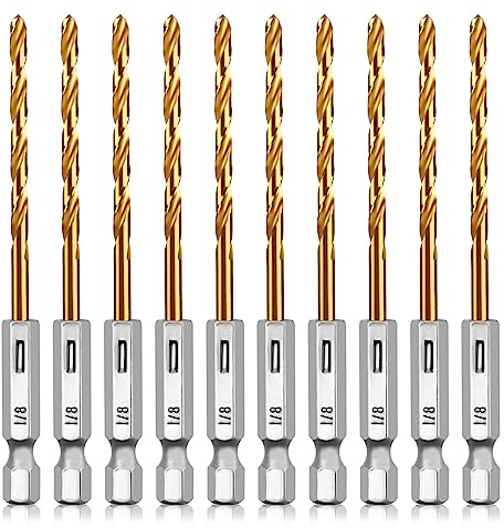 UBESTHS Titanium Twist Drill Bit Set, 10 Pcs 1/8 Hex Shank Drill Bits High Speed Steel for Wood, Plastic, Aluminum Alloy, Metal, Quick Change