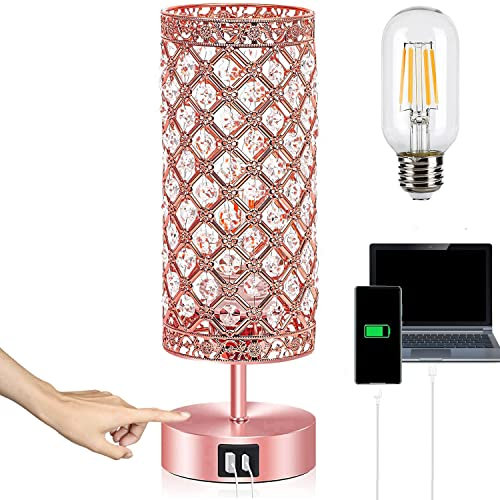 Brabola Lampada da tavolo color oro rosa, lampada da comodino da donna, decorazione per camera da letto, 2 porte USB, luce notturna con lampadina inclusa, per casa, ufficio, soggiorno