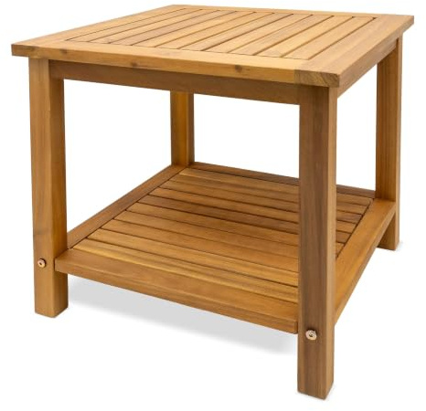 Spetebo Akazien Beistelltisch geölt 45 x 45 cm | Holz Gartentisch, 2 Ablagen, Akazienholz, für Balkon Terrasse Garten