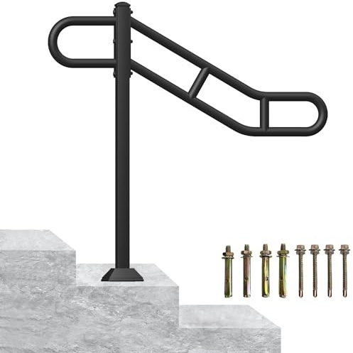Single Post Handrail, 32” - 8.5”L x 35.8”H Wrought Iron Outdoor Handrails for 1-3 Steps, Black Metal Bent U-Shaped Stair Railing, Floor Mounted Steps Hand Rail with 2 Anti-Skid Crossbar for Porch