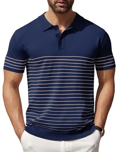 COOFANDY Men's Knitted Polo Shirts Short Sleeve Casual Golf Shirts Vintage Striped Shirts, Navy Blue, Large