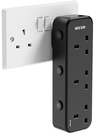 Mscien Plug Adapter, 3 Way Plug Extension Socket with Individually Switched, Multi Plug Adaptor Black Socket Extender, Wall Socket Extension for Home, Office, Dorm