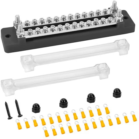 QIMEI-SHOP Blocco di Distribuzione Alimentazione 12V-48V DC Busbar 150A Morsettiera di Alimentazione 2 Vie con 24 x M4 Terminale a Bolts per Auto Camion Barca Nero