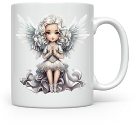MAXIKIWI Glatte, langlebige Keramik-Kaffee- oder Teetasse für Zuhause oder Büro, perfekt für jeden Anlass, silberfarbener Weihnachtsengel – 350 ml
