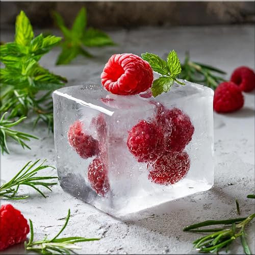 artissimo, Glasbild, 30x30cm, AG5478A, Kräuter und Obst: Eiswürfel Himbeere, Bild aus Glas, moderne Wanddekoration aus Glas, Wandbild Küche modern, Küchenbild Cocktail