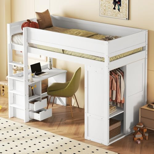 Kayan Hochbett mit Schreibtisch und Schrank 90x200cm, Etagenbett mit Kleiderschrank, Schubladen, Kinderbett Bettgestell Einzelbett Funktionsbett, weiß, ohne Matratze