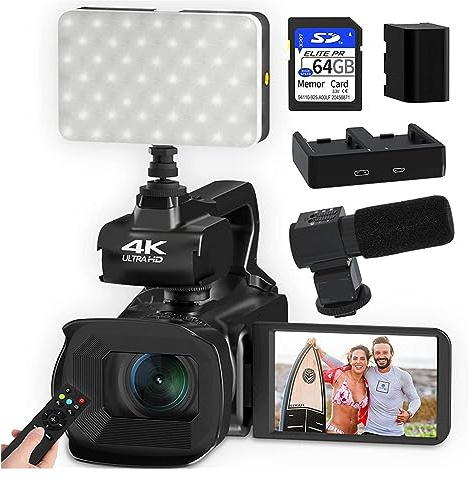 nmbhus 64MP 4K 60FPS Videocámara Live Stream Vlog Cámara De Video WiFi Webcam 4 Pulgadas Girar Pantalla Táctil 18X Cámara Digital Grabadora(with 256G SD Card,with Light Mic)