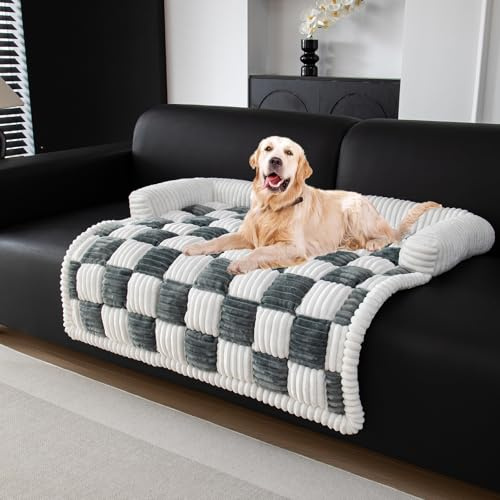 OKYUK Letto per Cani, Super Confortevole Cestino per Cani, Divano per Cani, Copridivano, Lavabile a Mano, Antiscivolo, Adatto per Cani (Quadro blu-grigio, L 75 x P 75 x H 13 cm)