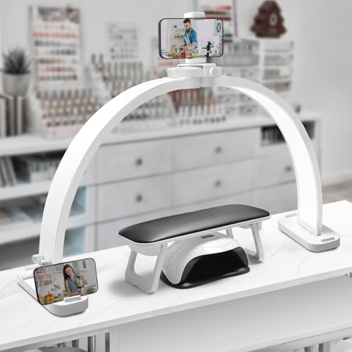 CGBE Mezza Luna Lampada per Unghie con Portacellulare per Tatuaggi Manicure | 30 Pollici - 45W - 3000-6500K Dimmerabile con 3 Modalità di Colore - LED Lampada da Scrivania per Unghie - Bianco