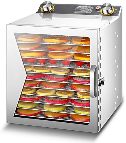 YIWEOG Deshidratadores para alimentos y cecina con temporizador de 12 horas Acero inoxidable cepillado 12 rejillas de secado 800 W 30-90 ℃ Deshidratador de frutas y verduras con control de perilla gra