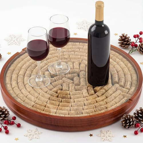 Maxdot Weinkorken Sammler Lazy Susan Drehteller aus Holz mit Glas-Schutzhülle, kann 130 Korken für Weinstopfen aufbewahren, Dekoration, Bar, Küchentisch, Tafelaufsätze, Geschenk für Damen und Herren