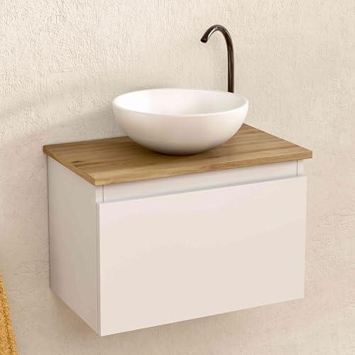BELLOBATH Mueble Baño Suspendido 49,5cm Blanco/Roble Lavabo Redondo