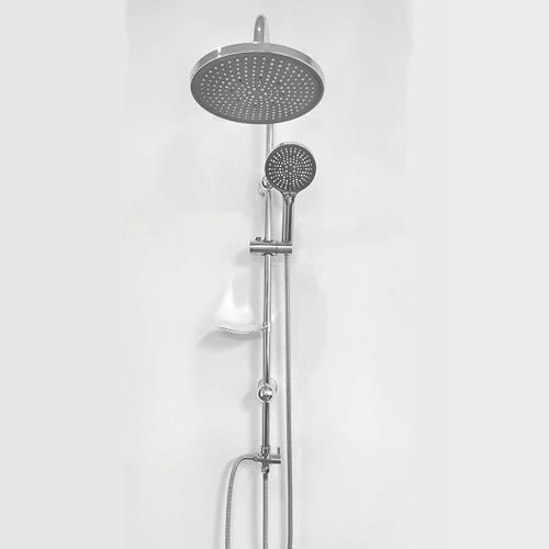 BRAVECOW Wall Mounted Shower Column Stainless Steel Shower System, 2-in-1 Overhead & Handheld Shower Set with 2 Hoses & Soap Shelf Rust-Resistant Lift Easy Installation