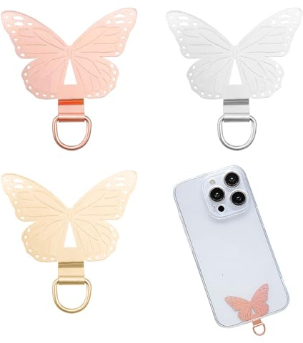 Qusmeiyici 3PCS Butterfly Phone Tether Tabs, Stainless Steel Cell Phone Lanyard Case Patch Universal Cellphone Lanyard Pads Strap Holder Patch