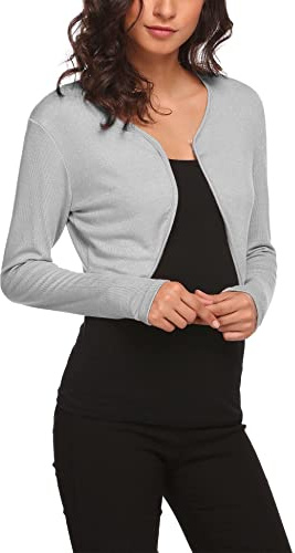 Hotouch Bolero da donna, elegante bolero a maniche lunghe, corto, cardigan per feste, cardigan leggero, cardigan lavorato a maglia, per abito da sposa, Grigio, XS