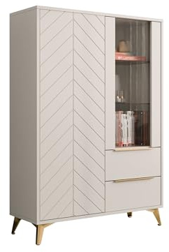 Mirjan24 Vitrine Xylix 2D2SZ, Standvitrine mit geriffelte Fronten, goldene Griffe und Füße, Vitrinenschrank für Wohnzimmer, Mehrzweckschrank (Sandbeige)