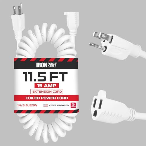 Iron Forge Cable 11 ft White Coiled Extension Cord - 14/3 SJEOW Oil Resistant & Flame Retardant 3 Prong 15 Amp Coiled Power Cord for Indoor or Outdoor Use, Great for Farms & Ranches