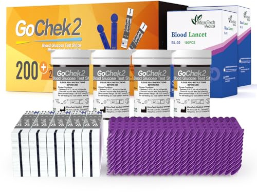 MicroTech Tiras de Prueba de Glucosa y Lancetas, Validez de 180d, Inmunes al Oxígeno en Sangre, Solo para Gocheck2, 200 Unidades.