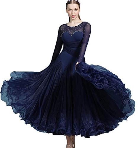 MLYYX Robes De Danse De Salon À Manches Longues pour Femmes Costume De Performance De Danse Standard De Fête Robe De Compétition De Tango Waltz Tango Splice Waltz,Navyblue,XL