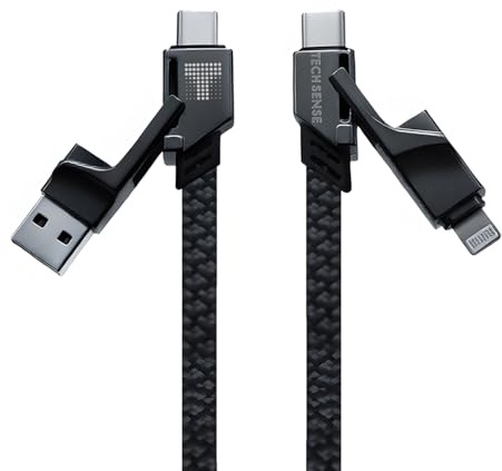 Tech Sense 4 in 1 Charging Cable, 66W Multi Charger Cable, Multi USB Fast Charging Cable USB-A, USB-C & Lightning Compatible with iPhone 16/15/14/13 Pro Max, Android Samsung Galaxy, iPad, Tablets (2m)
