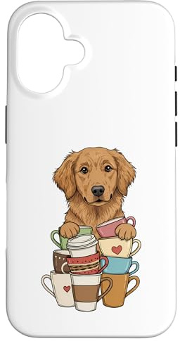 Carcasa para iPhone 16 Pila de Taza de café y Perro Golden Retriever