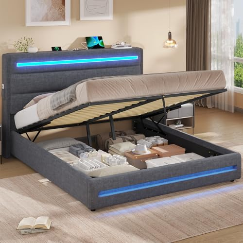 KIMENICH Bett 160X200 mit LED-Beleuchtung, Hydraulisches Bett 160x200 cm, Polsterbett Doppelbett, Bettgestell mit Stauraum und Lattenrost, Schlafzimmer, Leinenstoff Grau