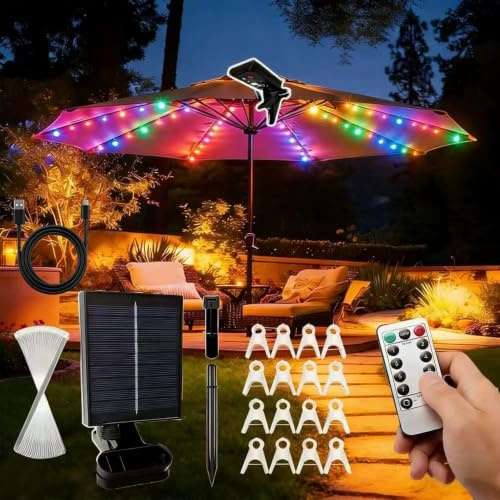 Solar Beleuchtung für Sonnenschirm, Zuschneidbar Lichterkette für Sonnenschirm mit Fernbedienung und Clip, 8 Modus Regenschirm Lichterkette für Sonnenschirmdekoration, Camping, Zelte, Außen, Party