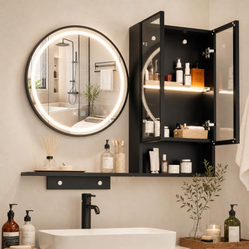 YOURLITE LED Spiegelschrank Bad Schwarz mit Beleuchtung 90x70cm | 3-in-1 Rund Spiegelschrank Ø50cm, Badschrank mit Spiegel & Ablage, 3 Lichtfarben Dimmbar, Anti-Beschlag, Touch-Sensor